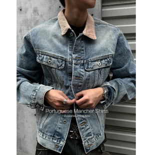 外套 工装 MANCHER 灯芯绒拼接撞色水洗做旧牛仔夹克男宽松Boxy短款