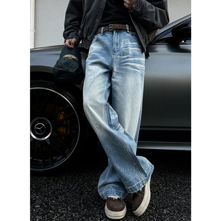 男cleanfit宽松A字裤 水洗做旧磨白猫须牛仔裤 冰川涟漪 MANCHER