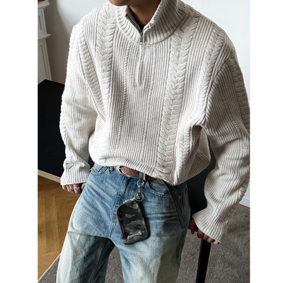 950G重磅麦穗绞花半拉链立领毛衣