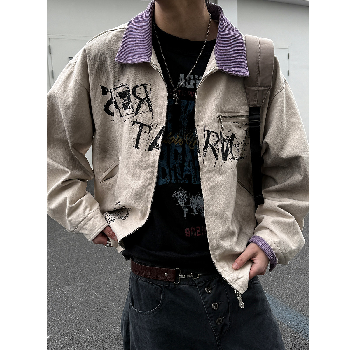 美式高街个性涂鸦做旧工装夹克男