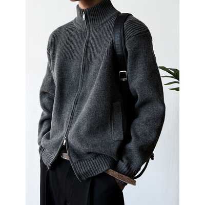 重磅羊毛混纺双拉链立领开衫毛衣
