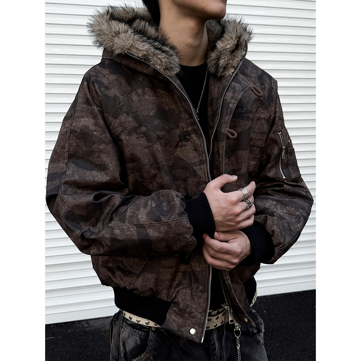 美拉德色系冬季毛领加厚连帽棉服