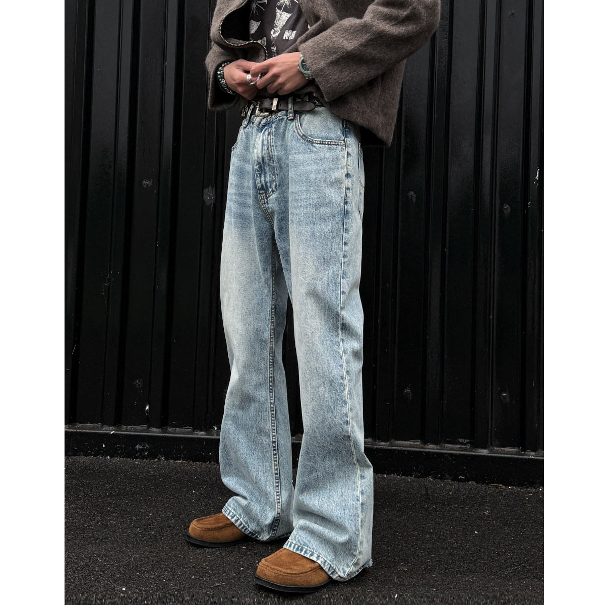 MANCHER 美式水洗复古蓝cleanfit显长微喇牛仔裤男磨破休闲长裤潮