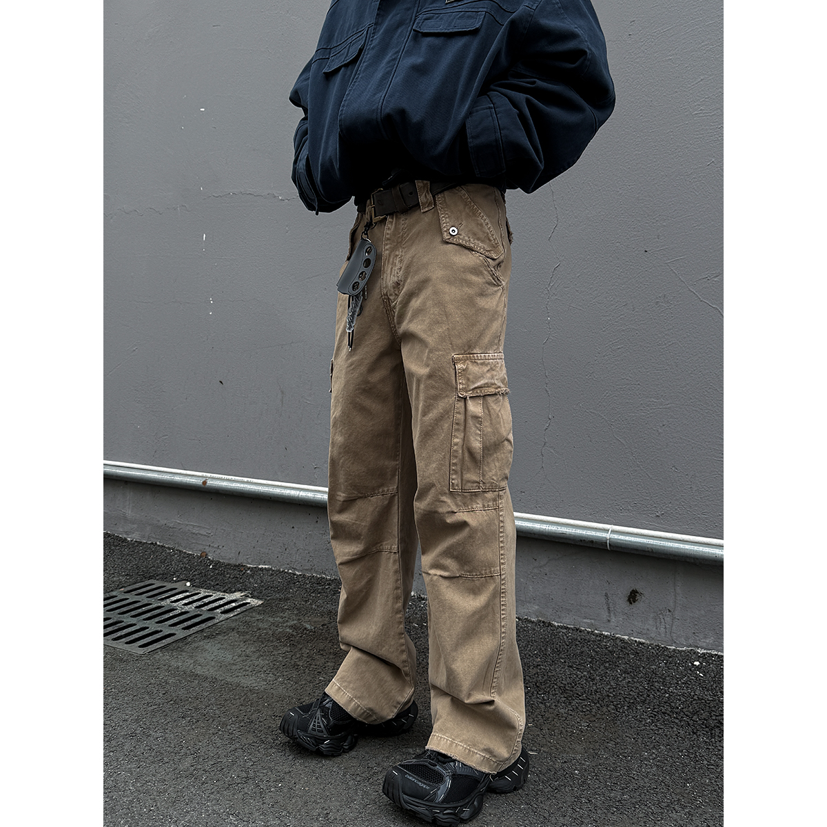 MANCHER 400G水洗做旧工装裤男潮牌vintage手工磨破口袋直筒裤潮