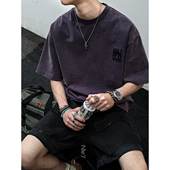 MANCHER 男宽松刺绣T恤潮 蜡染双纱平纹320克重磅AST水洗工艺短袖