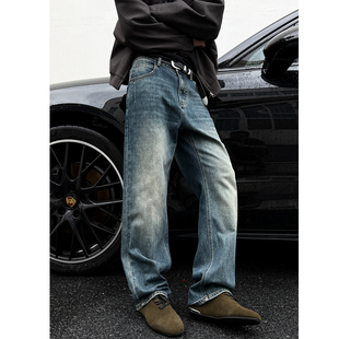 MANCHER 美式复古水洗做旧13盎司深蓝磨白牛仔裤男宽松直筒长裤潮