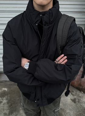 MANCHER 美式复古工装立领黑色羽绒服男潮牌宽松冬季90白鸭绒外套