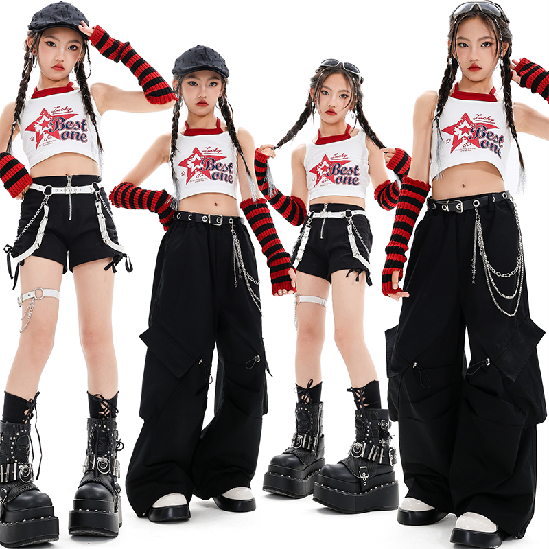 儿童爵士舞服装潮酷露脐背心套装女童练功舞蹈服jazz女孩街舞潮服