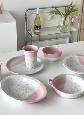 On the table - 粉色泼墨拼色陶瓷平盘 汤盘 椭圆盘 水杯 家用碗