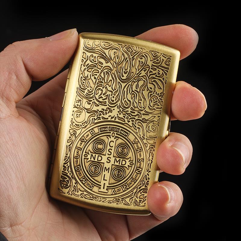 高档双枪男士金属烟盒12支装 便携康斯坦丁铜制超薄 双面复古雕刻