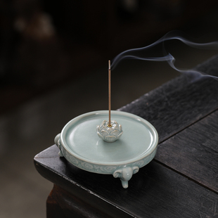 汝窑荷叶荷花线香插香座卧室禅意点香器线香托盘陶瓷香薰炉摆件