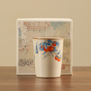 米黄汝窑茶杯陶瓷主人杯子礼盒七夕礼品送长辈老师教师节生日礼物