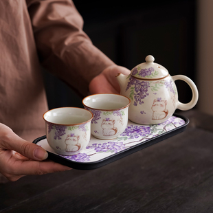 黄汝紫藤花小猫龙蛋壶茶壶家用陶瓷沏茶壶中式 礼盒 泡茶器茶具套装