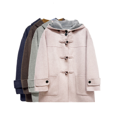 羊毛羊绒双面呢牛角扣连帽大衣