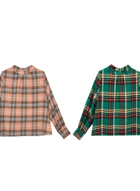 【橙庐】433001原创英伦风格纹小立领纯棉罩衫 春秋女款时尚学院