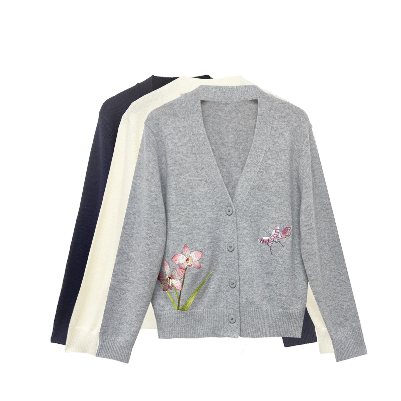 蝴蝶与兰花绣花V领绵羊毛开衫