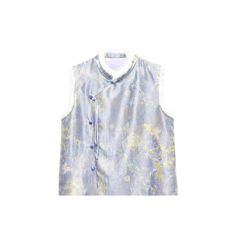 【橙庐】508800原创新中式竹叶宝相提花夹毛马甲 秋冬女气质国风