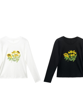 【橙庐】161004原创向日葵印花液氨丝光棉长袖T恤 春秋女时尚休闲