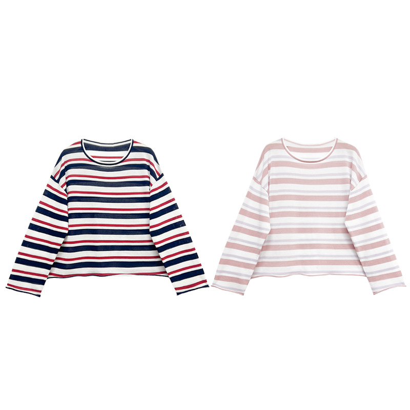 【橙庐】551657条纹落肩圆领长袖针织T恤 春款女士松弛宽松弹力