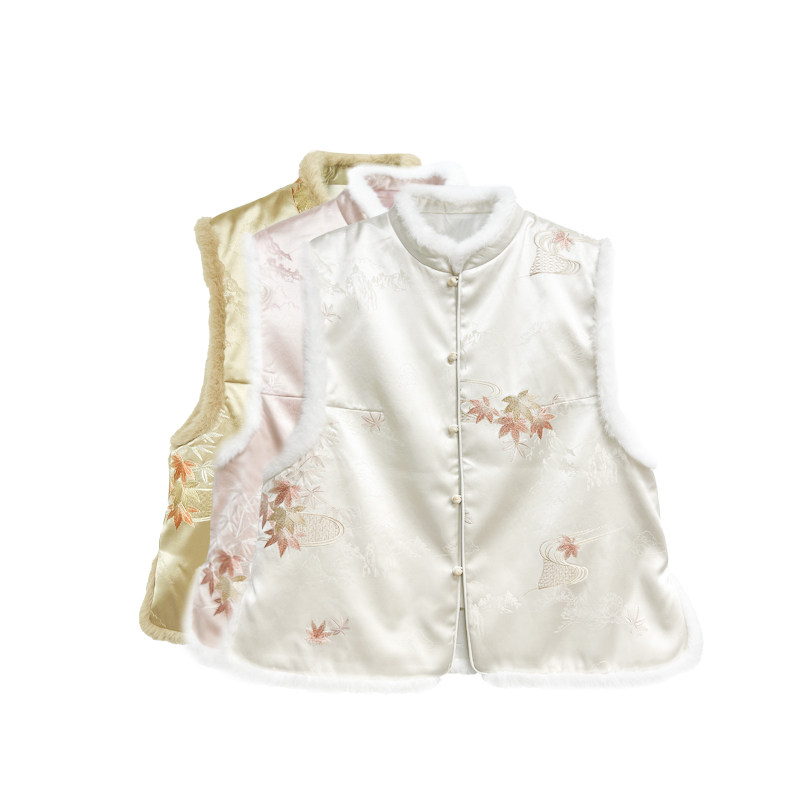 【橙庐】511805原创新中式云山枫叶刺绣毛领夹毛马甲 秋冬女国风