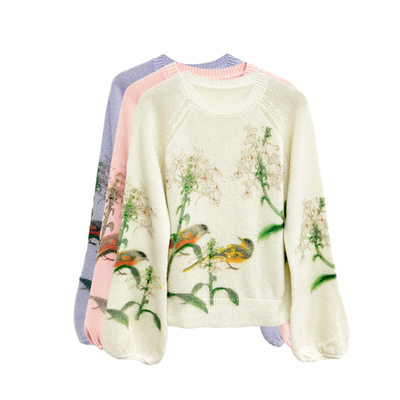 新中式花鸟灯笼袖女款绵羊毛衫