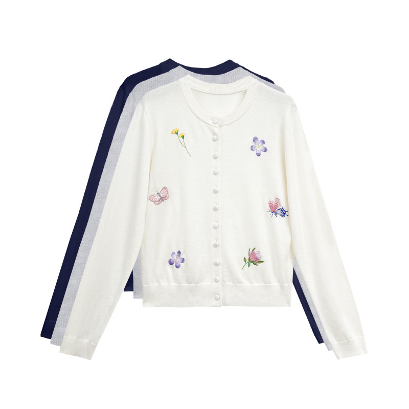 【橙庐】551233蝴蝶花卉定位绣花绵羊毛混纺开衫 春款女针织时尚