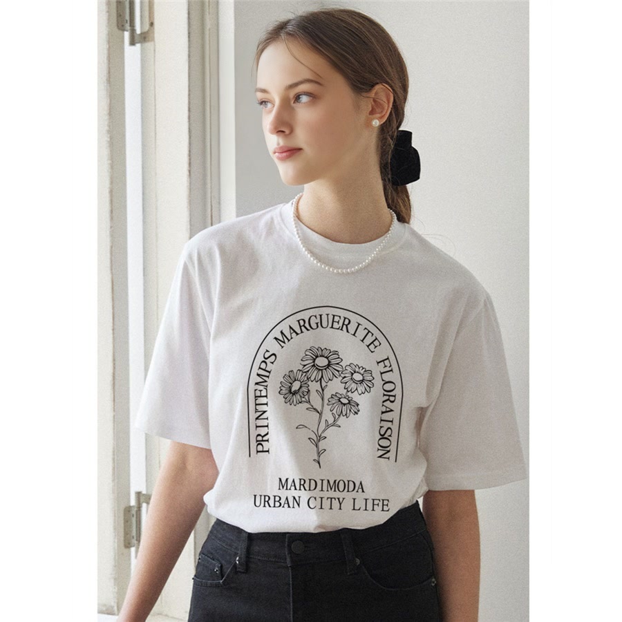 MARDIMODA旗舰店白色印花短袖T恤女2025夏季新款韩版宽松纯棉体恤