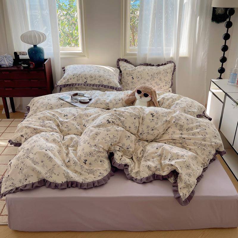 高级感韩式100全棉皱皱纱花边四件套纯棉田园仙女风宿舍床单被套