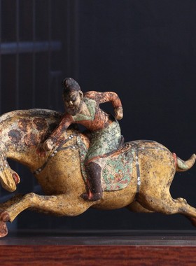 仿古唐朝代陶器陶马陶俑打马球俑摆件马球俑工艺品中式家居饰