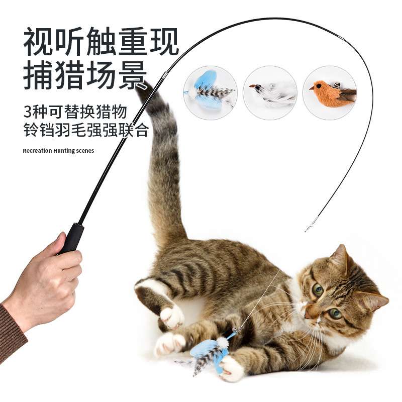 跨境钓鱼逗猫棒长杆可伸缩超长钓鱼杆羽毛替换头钢丝逗猫玩具