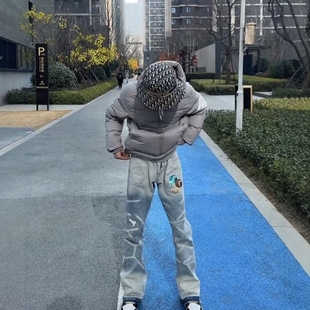 网红同款彩虹GG标贴皮拼接水洗美式破洞喇叭裤新款牛仔裤男女长裤