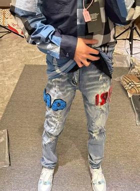 夏季网红同款红蓝buff亮片AM破洞牛仔裤男女百搭修身小脚裤长裤潮