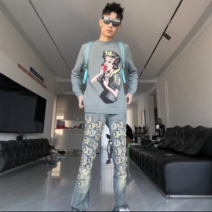 高街美式潮牌满印字母刺绣牛仔裤男百搭宽松修身小脚弹力直筒裤子