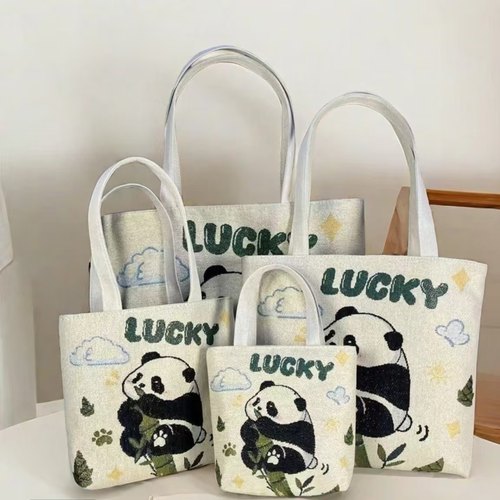 小熊猫双面刺绣帆布包手提包单肩包休闲卡通上班外出通勤包妈咪包
