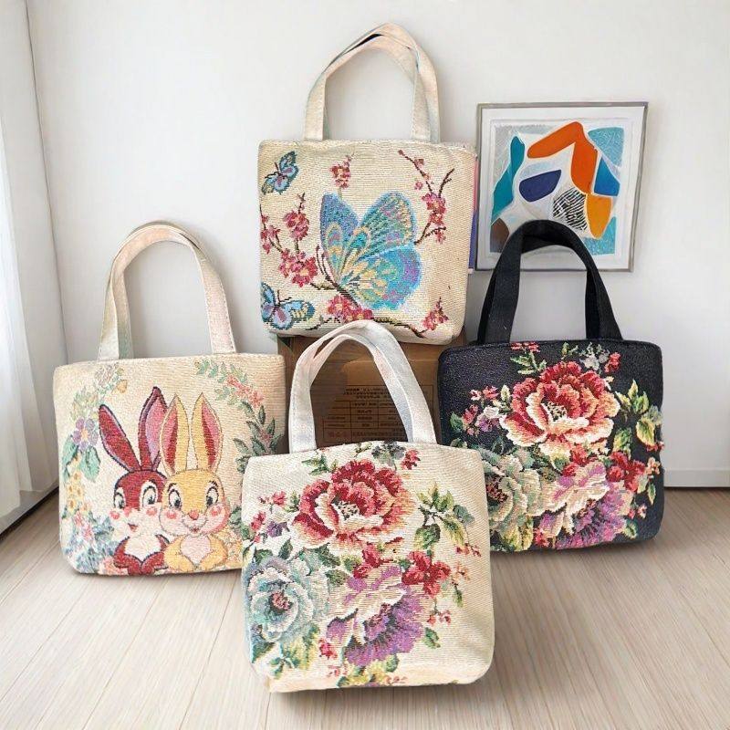 双面金丝手提帆布小包耐磨耐脏时尚百搭款刺绣带拉链手拎外出