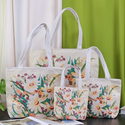 新款菊花双面金丝提花刺绣帆布手提包单肩包休闲文艺上班通勤包