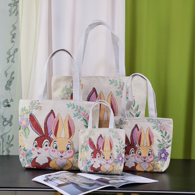 双面刺绣帆布手提包拉链外出卡通可爱兔子大容量单肩包上班小拎包