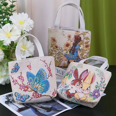 买一送一新款可爱双面刺绣帆布手提包耐脏耐磨拉链外出百搭手拎包
