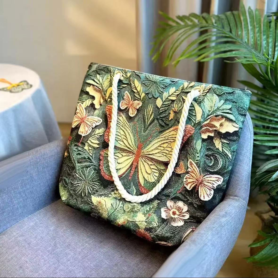 新款帆布包双面金丝提花刺绣