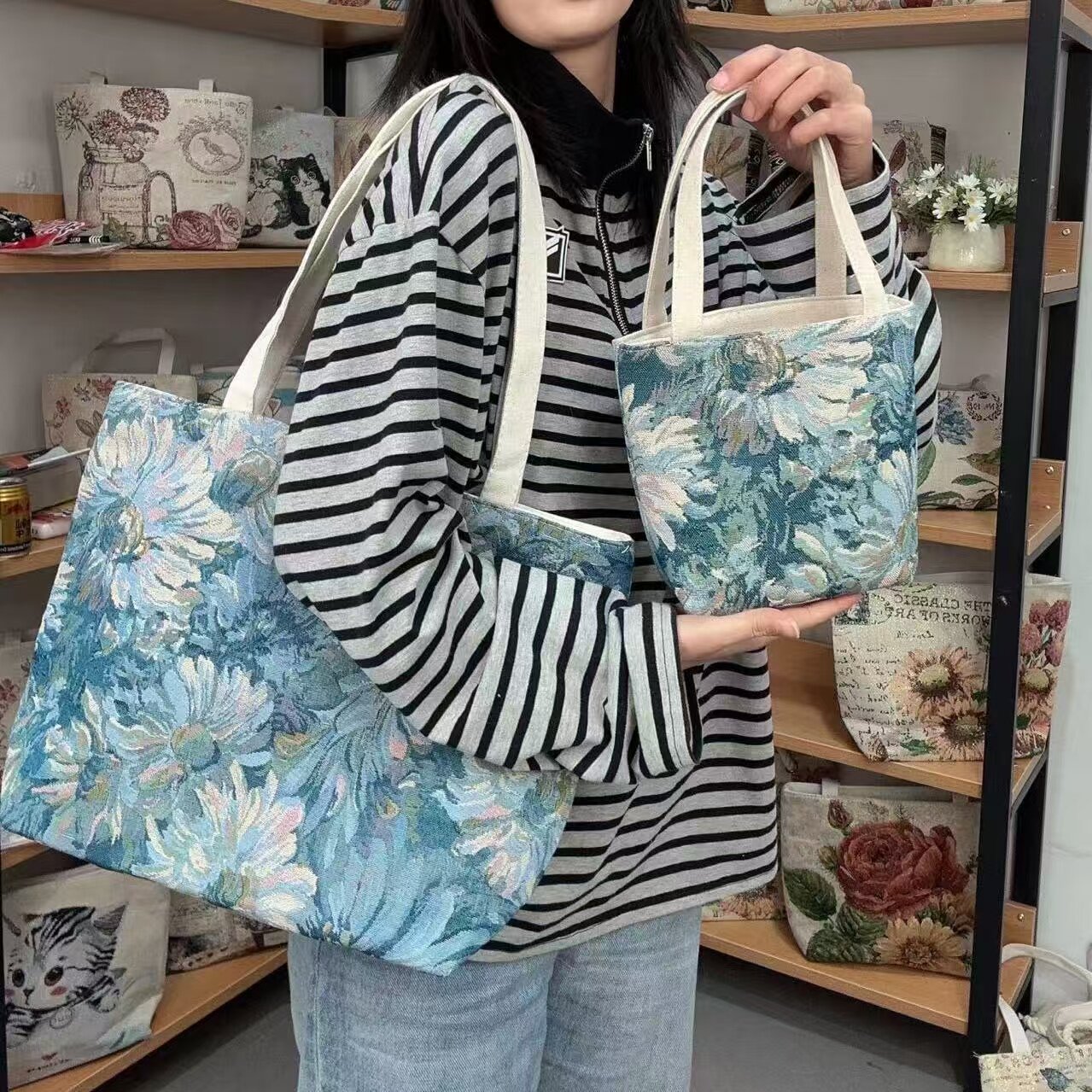 莫奈花园帆布包文艺小清新单肩包学生补习包上班百搭通勤包大容量