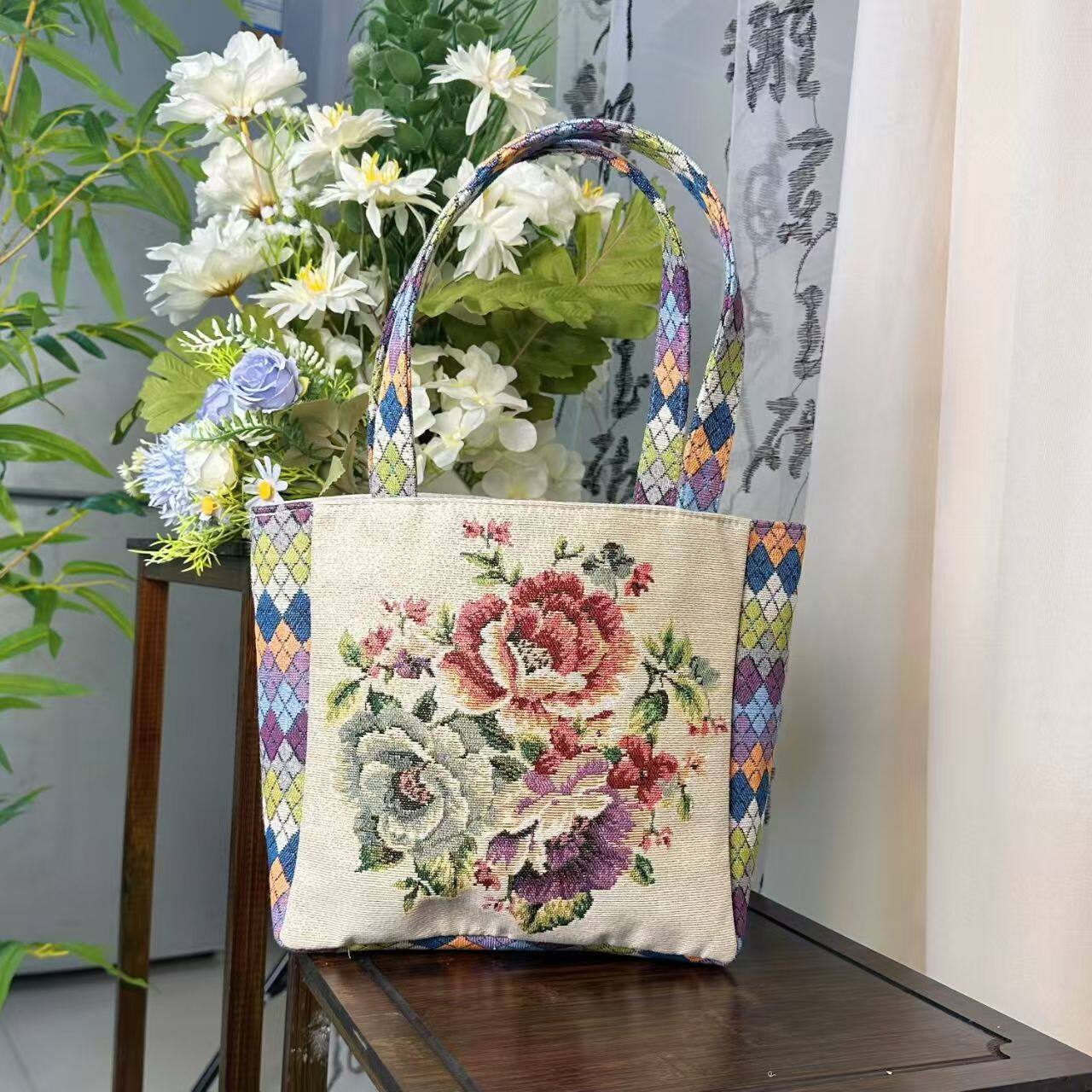 新升级帆布包菱格手提包休闲便当包时尚百搭手拎包日常通勤腋下包