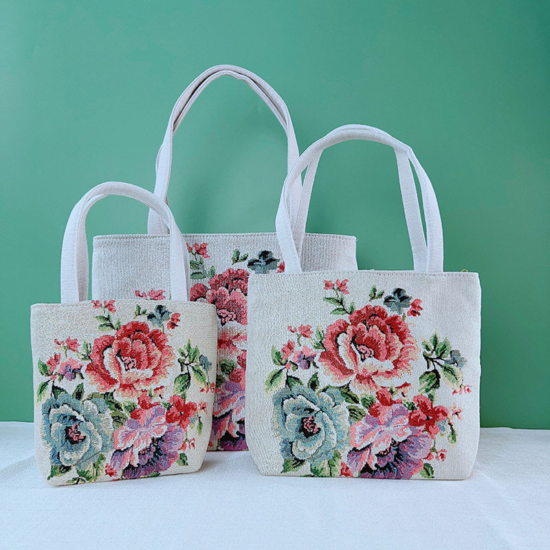 双面金丝手提帆布小包耐磨耐脏时尚百搭款刺绣带拉链手拎外出