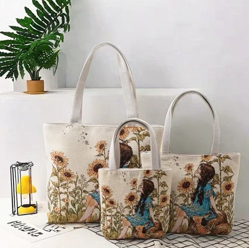 双面刺绣帆布包手提包手拎外出百搭精致化妆包手机包上班小拎包