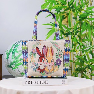 菱格手提包双面金丝提花刺绣帆布包百搭女士休闲包便携上班手拎包