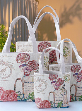 瓶中花双面金丝提花刺绣帆布手提包单肩包休闲文艺学生上班通勤包