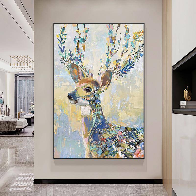 大芬村手绘梅花鹿油画吉祥动物现代客厅装饰挂画入户玄关走廊竖版图片
