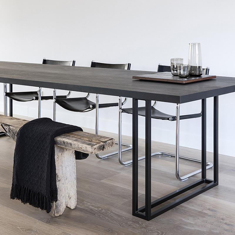 简OLF约长方古实木餐桌黑色工作台复会议形桌家用原木长条办公桌