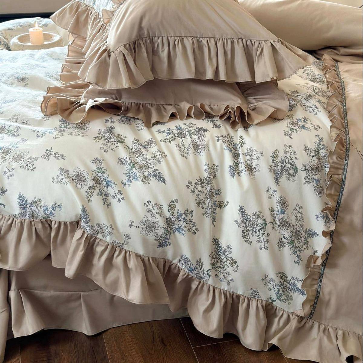 法式全棉四套复古风件卉印花纯棉荷叶边被套床单1.8花m床花WZM上