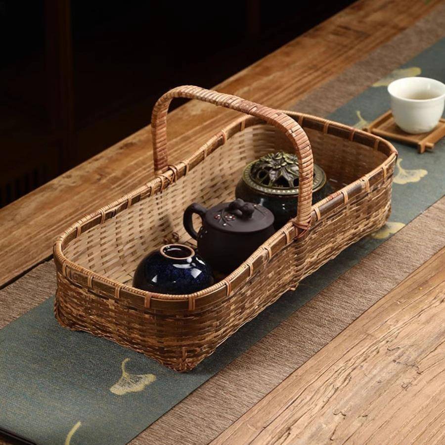 竹编提篮古篮风大漆茶收点复手提篮竹篮子便古携野餐篮RUL水果篮