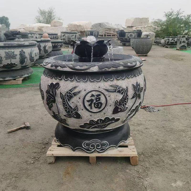 花盆TQB鱼缸石雕庭院石仿古做旧青花盆福水字缸缸荷花鱼雕塑制作